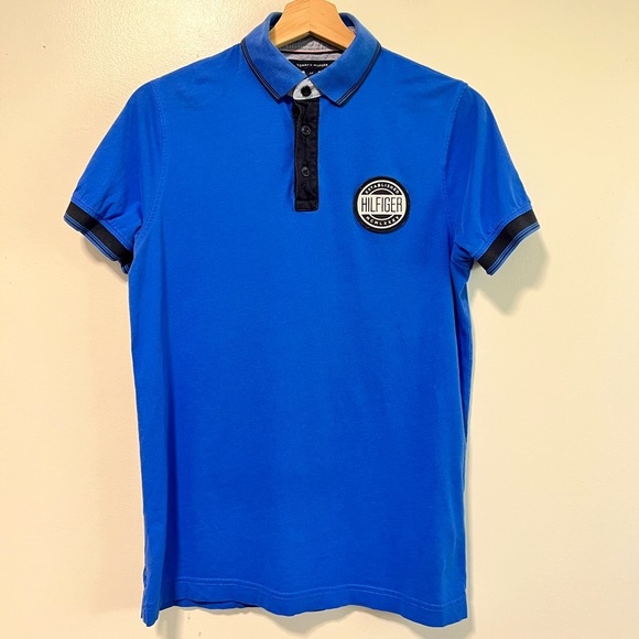 Tommy Hilfiger Slim Fit Blue Polo Shirt with Patch Logo - Size Small - Picture 1 of 13